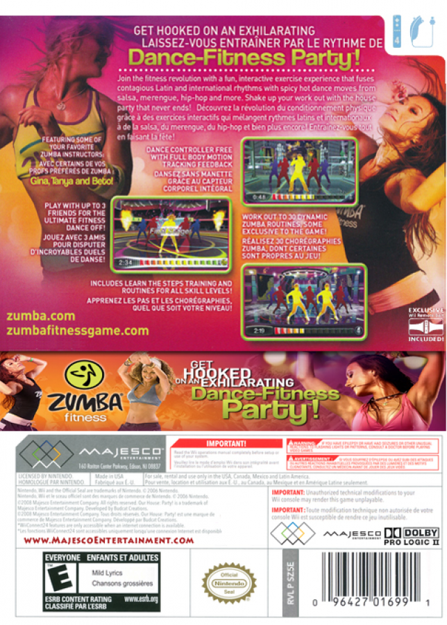 Zumba Fitness: Join the Party back cover art Nintendo Wii (Wii) featuring high‑energy dance workouts with Latin and international music, vibrant party‑style visuals, and interactive fitness routines designed for fun and exercise