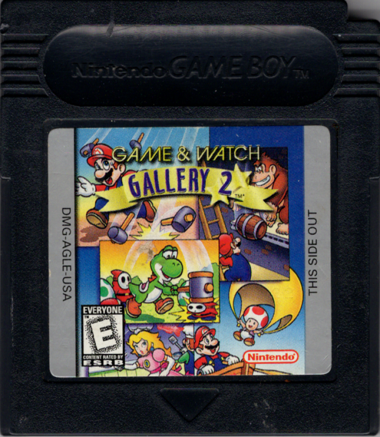 Game & Watch Gallery 2 for Game Boy Color, cartridge for a retro compilation video game with classic handheld mini-games, updated gameplay modes, score challenges, and Nintendo character-themed visuals