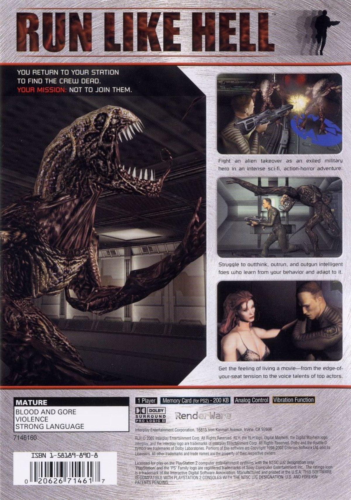 Run Like Hell PS2 Sony PlayStation 2 survival horror action game sci fi alien invasion third person shooter stealth combat space station atmosphere psychological horror Interplay Entertainment story driven gameplay retro gaming PlayStation 2 software video game title back cover art