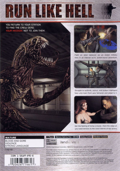 Run Like Hell PS2 Sony PlayStation 2 survival horror action game sci fi alien invasion third person shooter stealth combat space station atmosphere psychological horror Interplay Entertainment story driven gameplay retro gaming PlayStation 2 software video game title back cover art