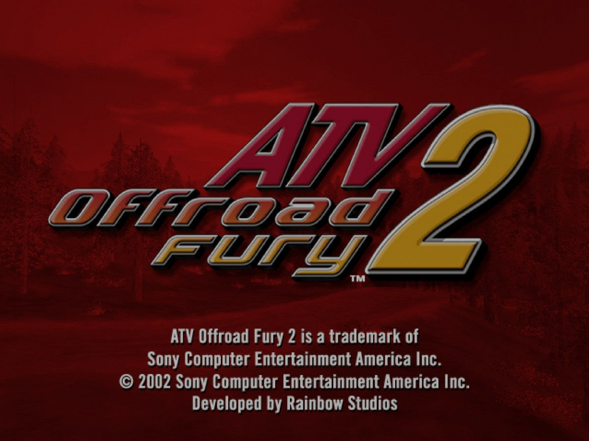 ATV Offroad Fury 2 PlayStation 2 off-road racing video game Sony Computer Entertainment America Rainbow Studios multiple vehicle classes ATVs trucks buggies motorcycles extensive trick system career mode multiplayer split-screen competitive racing championship events freestyle competitions diverse track environments desert mud terrain vehicle upgrades unlockable content progressive difficulty racing simulation arcade style off-road motorsport main menu title screen