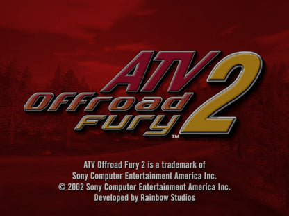 ATV Offroad Fury 2 PlayStation 2 off-road racing video game Sony Computer Entertainment America Rainbow Studios multiple vehicle classes ATVs trucks buggies motorcycles extensive trick system career mode multiplayer split-screen competitive racing championship events freestyle competitions diverse track environments desert mud terrain vehicle upgrades unlockable content progressive difficulty racing simulation arcade style off-road motorsport main menu title screen