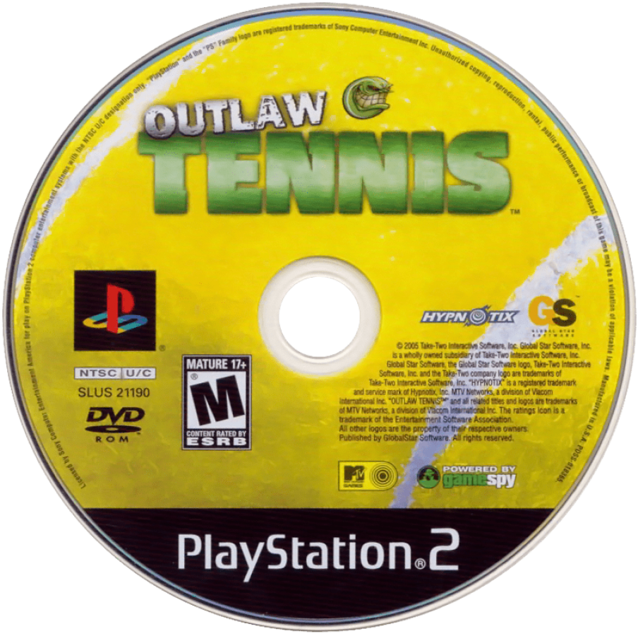 Outlaw Tennis – PlayStation 2 (PS2) video game disc, comedic tennis sports simulation game.