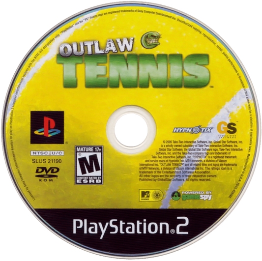 Outlaw Tennis – PlayStation 2 (PS2) video game disc, comedic tennis sports simulation game.