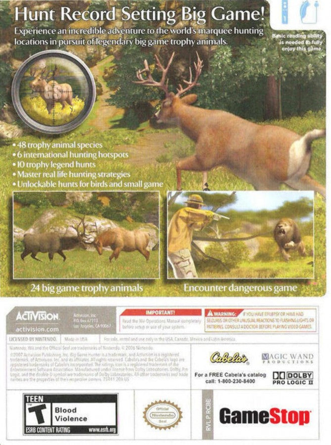 Cabela's Big Game Hunter Nintendo Wii Wii video game featuring hunting simulation gameplay big game hunting wildlife tracking outdoor environments hunting challenges realistic animal encounters aiming and shooting mechanics Nintendo Wii motion control gaming retro video game collection collectible gaming appeal back cover art