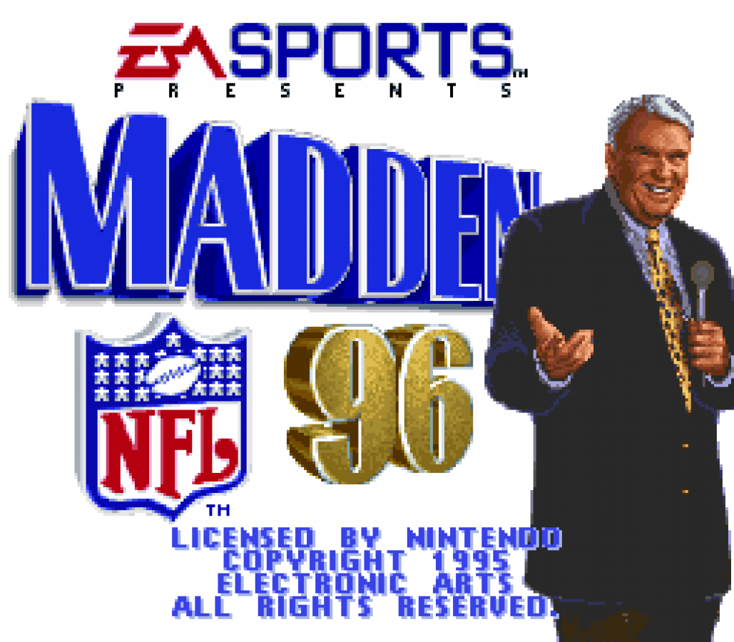 Madden NFL 96 for Super Nintendo Entertainment System with classic 16-bit football simulation theme title screen
