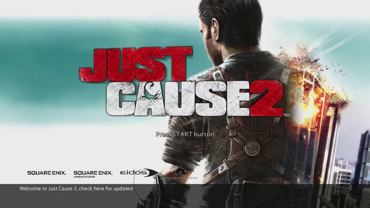 Just Cause 2 start screen for Xbox 360 (X360) open-world action-adventure video game
