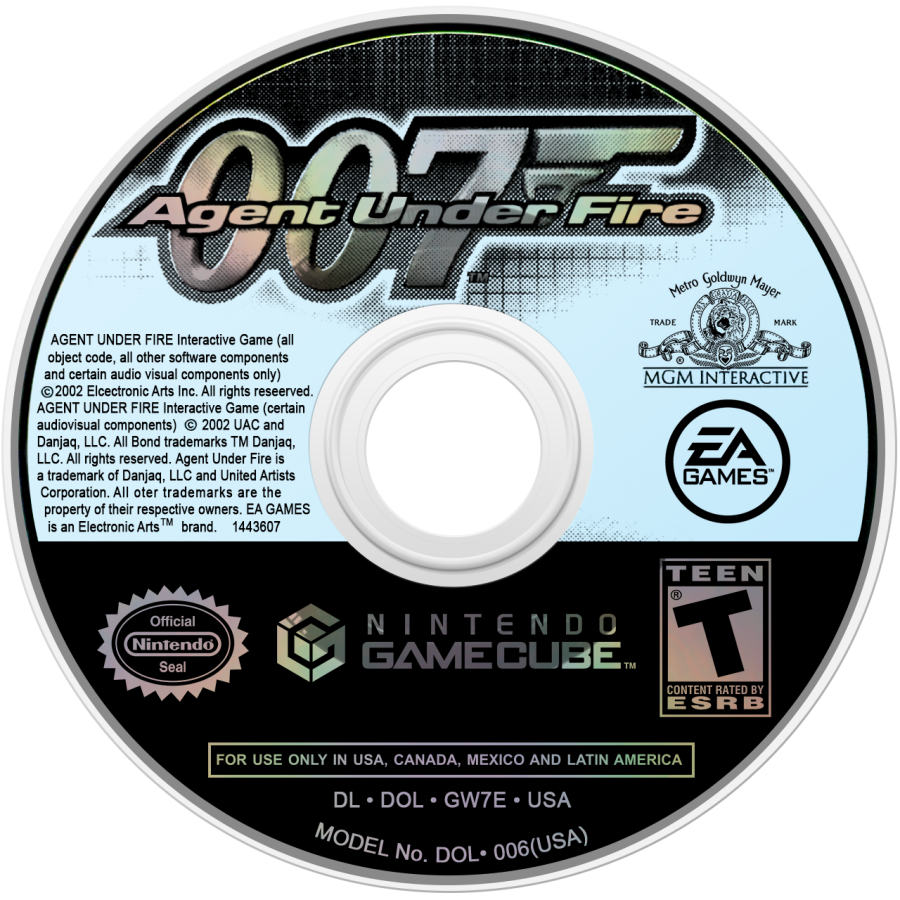 007 Agent Under Fire disc art for GameCube game featuring first-person shooter action and classic James Bond missions