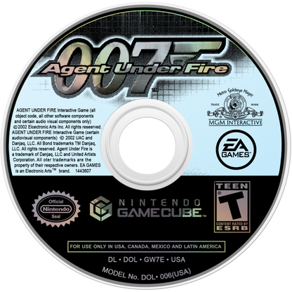 007 Agent Under Fire disc art for GameCube game featuring first-person shooter action and classic James Bond missions