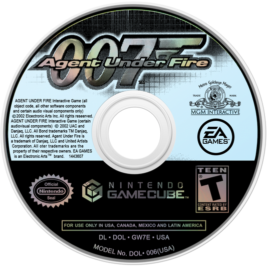 007 Agent Under Fire disc art for GameCube game featuring first-person shooter action and classic James Bond missions