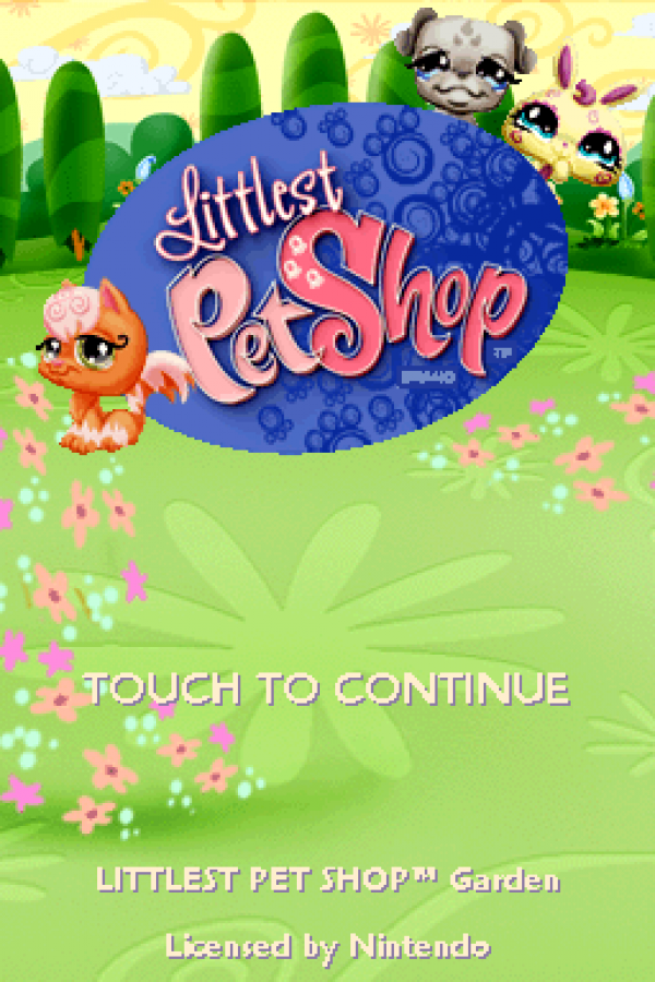 Littlest Pet Shop Garden for Nintendo DS (DS), title screen for a retro video game featuring pet care simulation gameplay, garden-themed mini-games, animal customization, puzzle challenges, and family-friendly adventure activities