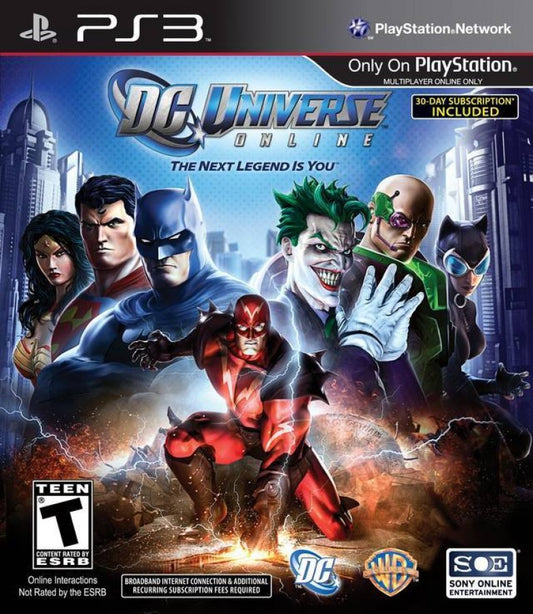 DC Universe Online PlayStation 3 MMORPG massively multiplayer online superhero action video game create-your-own-hero villain DC Comics universe Superman Batman Joker factions iconic villains missions combat co-op front cover