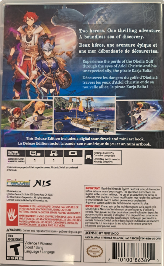 Ys X Nordics Deluxe Edition Nintendo Switch inspired design featuring epic action role playing adventure aesthetic seafaring exploration dynamic real time combat legendary heroes Nordic inspired fantasy world immersive quests deluxe edition presentation back cover