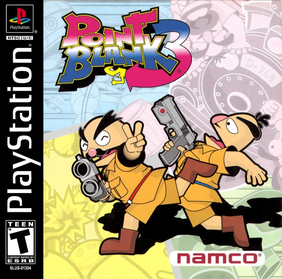 Point Blank 3 PS1 Sony PlayStation light gun shooter arcade style mini games fast paced target shooting Namco GunCon compatible party game reflex challenge classic arcade shooter PlayStation 1 software video game title cover art
