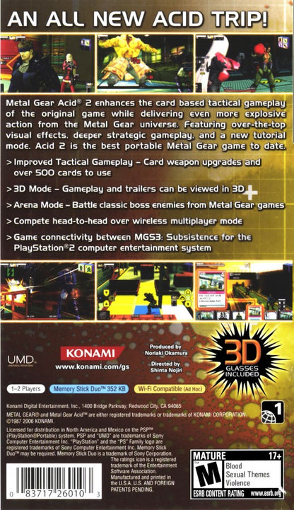 Metal Gear Acid 2 PlayStation Portable PSP for tactical strategy video game fans featuring card based combat stealth espionage missions strategic deck building turn based gameplay Solid Snake action futuristic military storyline unique Metal Gear experience collectible gaming appeal back cover art