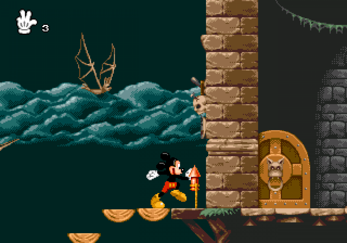 Mickey Mania Sega CD Sega Genesis Disney platformer starring Mickey Mouse animated cartoon inspired levels side scrolling action puzzle platforming enhanced CD audio FMV intro classic Disney gameplay retro gaming Sega CD software video game title gameplay