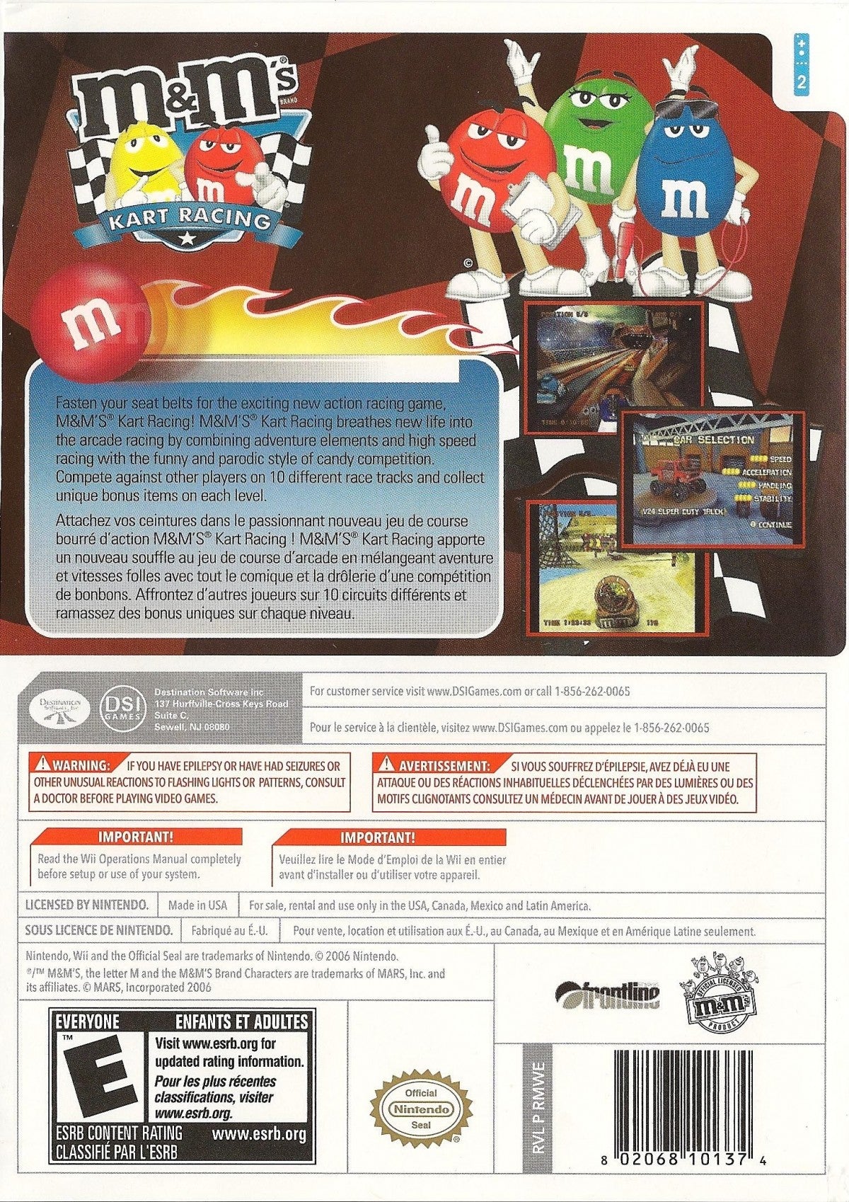 M&Ms Kart Racing retro Nintendo Wii video game featuring kart racing gameplay, family friendly multiplayer action, arcade style competition and classic Wii entertainment - back of case