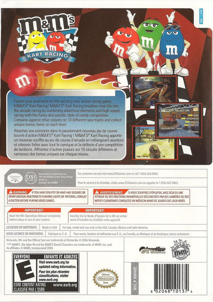 M&Ms Kart Racing retro Nintendo Wii video game featuring kart racing gameplay, family friendly multiplayer action, arcade style competition and classic Wii entertainment - back of case