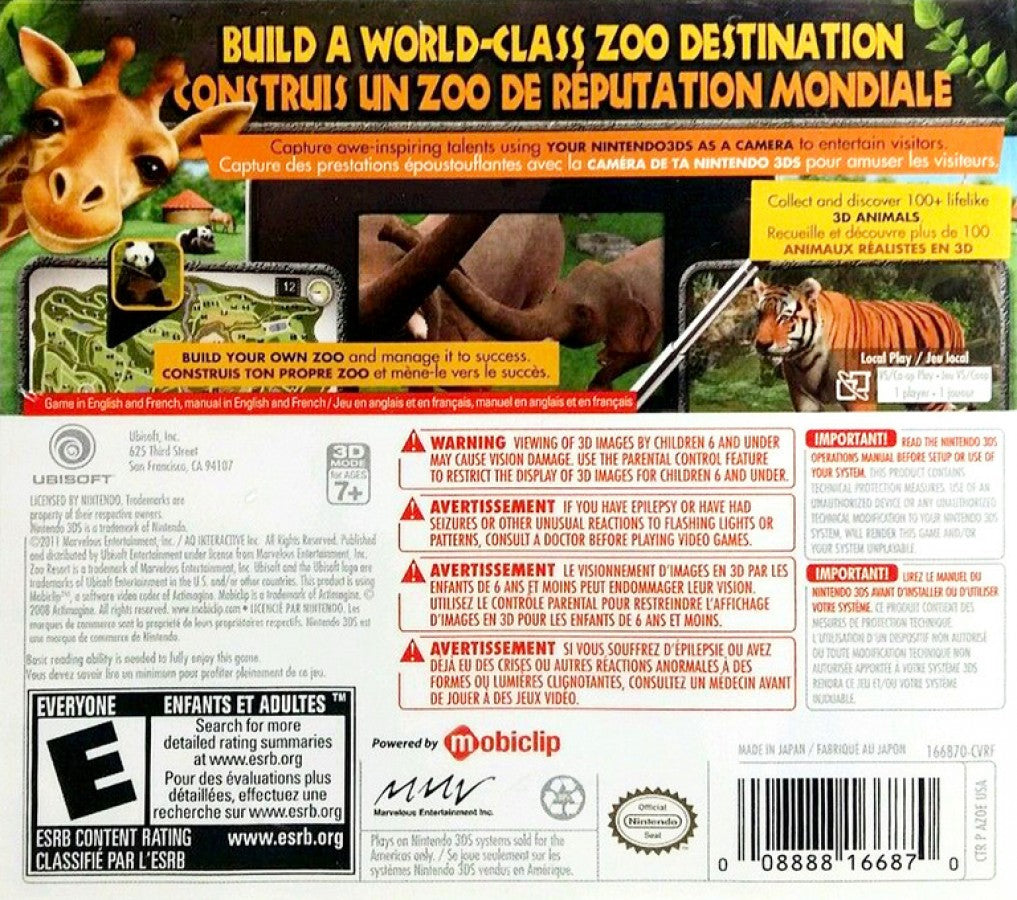 Zoo Resort 3D back of case for Nintendo 3DS (3DS) simulation video game