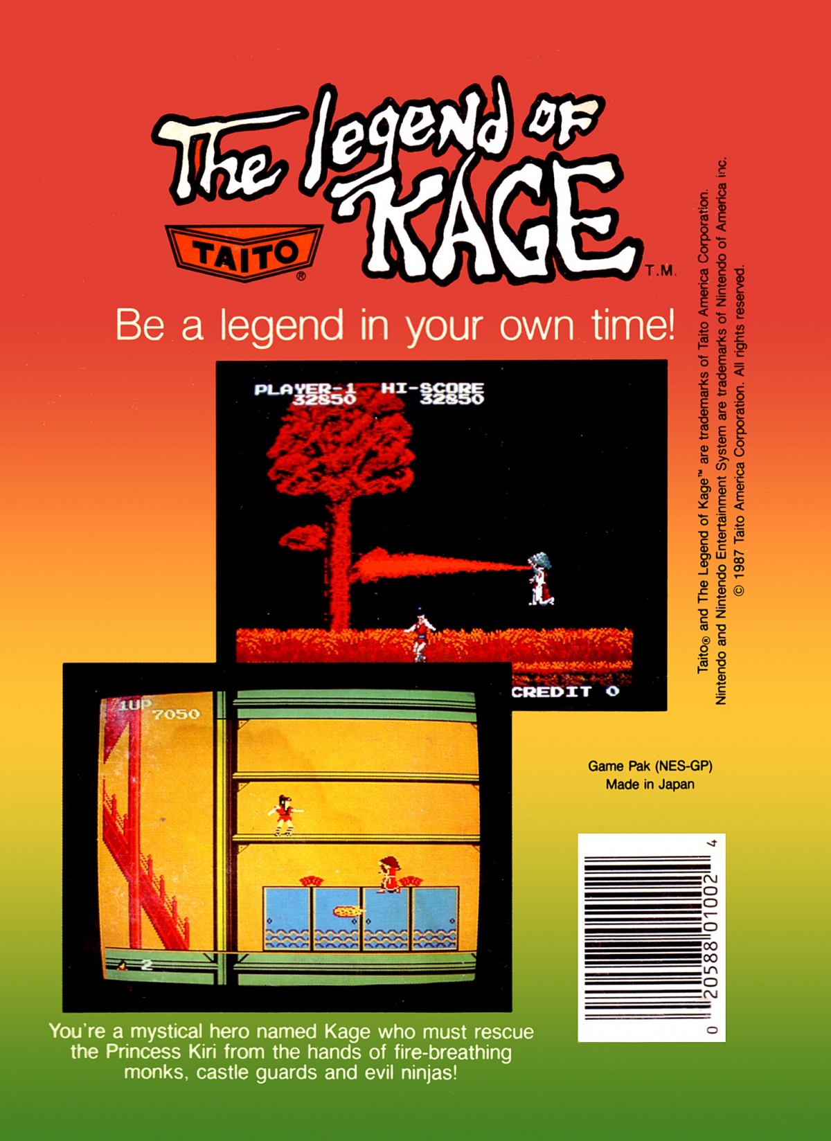 The Legend of Kage Complete in Box CIB Nintendo Entertainment System NES for retro video game enthusiasts featuring classic side scrolling action gameplay ninja combat acrobatic platforming rescue missions challenging enemies complete in box collectible gaming appeal back box art