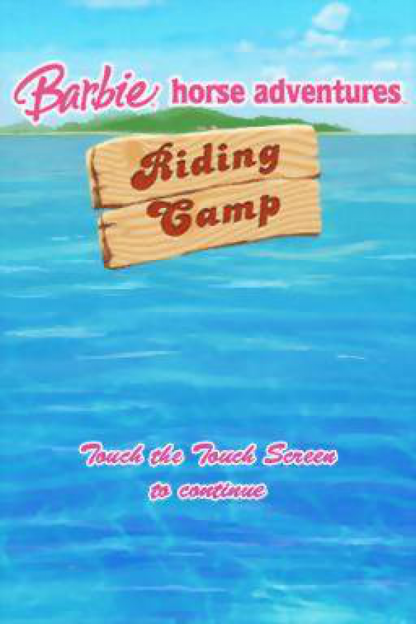 Barbie Horse Adventures Riding Camp for Nintendo DS (DS), title screen for a retro video game featuring horse riding simulation gameplay, stable management, training challenges, exploration, and family-friendly equestrian adventures