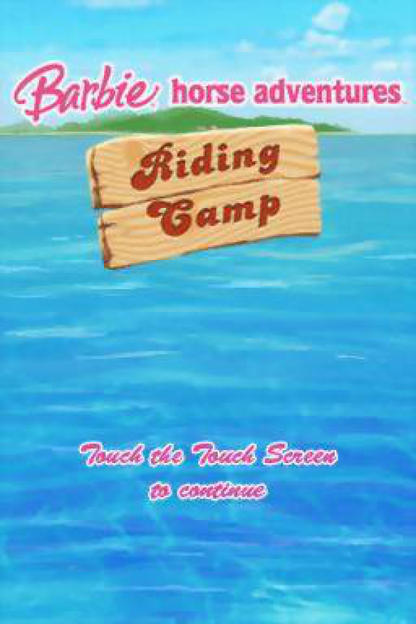 Barbie Horse Adventures Riding Camp for Nintendo DS (DS), title screen for a retro video game featuring horse riding simulation gameplay, stable management, training challenges, exploration, and family-friendly equestrian adventures