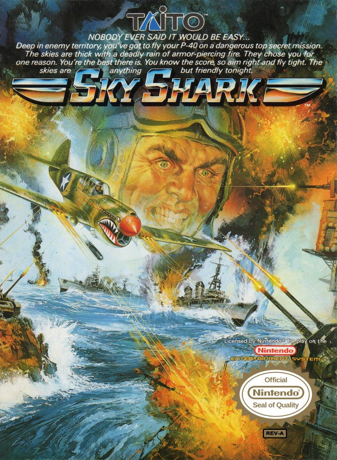 Sky Shark Nintendo Entertainment System NES for retro video game enthusiasts featuring classic vertical scrolling shoot em up gameplay World War II aerial combat fast paced arcade action challenging enemy formations powerful weapon upgrades and collectible gaming appeal cover art 
