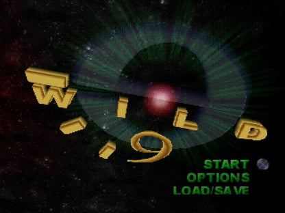 Wild 9 PS1 PlayStation 1 action platformer game sci fi puzzle combat whip based gameplay retro video game title screen