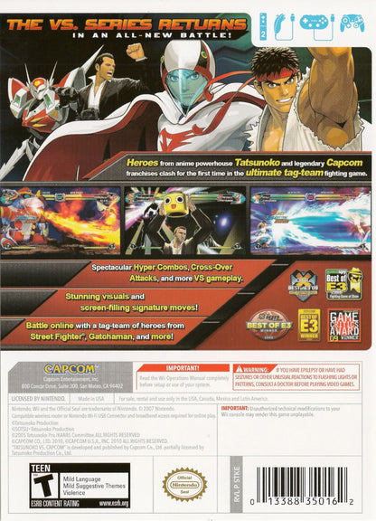 Retro Tatsunoko vs Capcom Wii inspired design featuring crossover anime fighting game aesthetic classic arcade style combat Capcom heroes versus Tatsunoko characters fast paced tag battles cel shaded visuals nostalgic Nintendo Wii action presentation back cover art