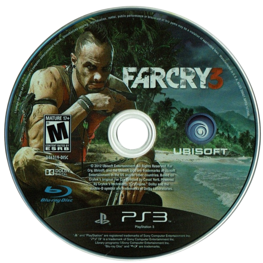 Far Cry 3 for PlayStation 3 (PS3) featuring a gritty open-world shooter where you play as Jason Brody, fighting to rescue your friends from a lawless tropical island ruled by the psychotic Vaas Montenegro; hunt dangerous wildlife, liberate enemy outposts, and master stealth or explosive combat in a journey through the "Rook Islands" that defines the modern action-adventure genre disc