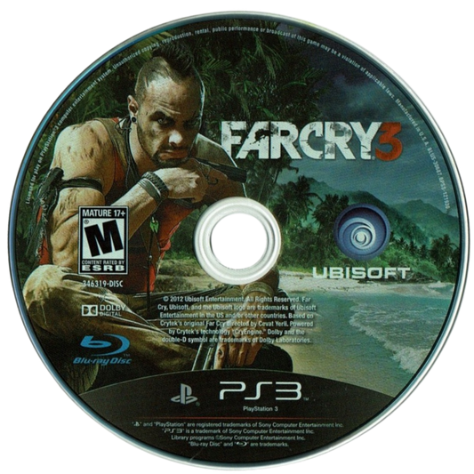 Far Cry 3 for PlayStation 3 (PS3) featuring a gritty open-world shooter where you play as Jason Brody, fighting to rescue your friends from a lawless tropical island ruled by the psychotic Vaas Montenegro; hunt dangerous wildlife, liberate enemy outposts, and master stealth or explosive combat in a journey through the "Rook Islands" that defines the modern action-adventure genre disc