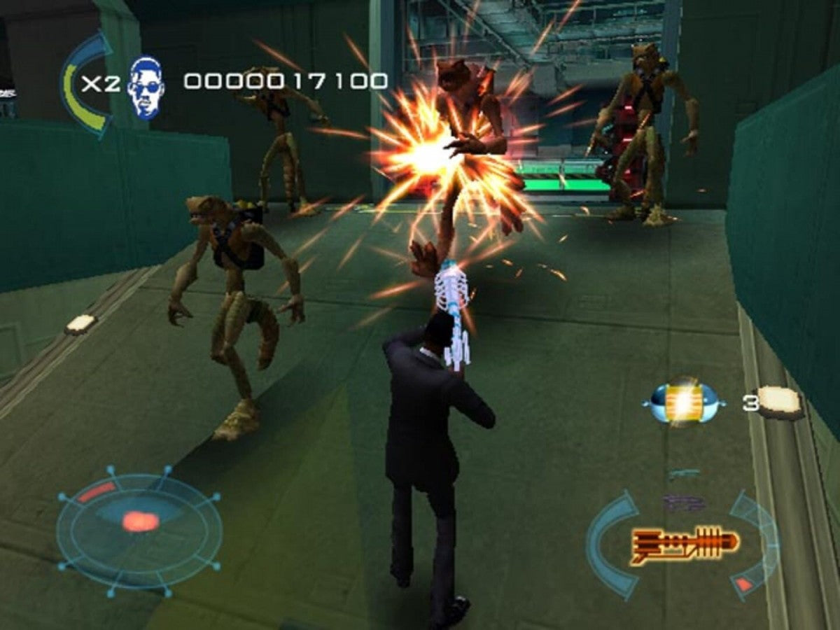 Men in Black II Alien Escape GameCube GC video game, third-person shooter, sci-fi action, movie tie-in, adventure gameplay, Nintendo GameCube title gameplay screenshot