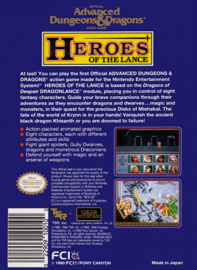Heroes of the Lance Nintendo Entertainment System NES video game featuring fantasy role playing gameplay Dragonlance characters dungeon exploration party combat magic spells enemy battles and classic 8 bit adventure retro video game collection collectible gaming appeal back cover art
