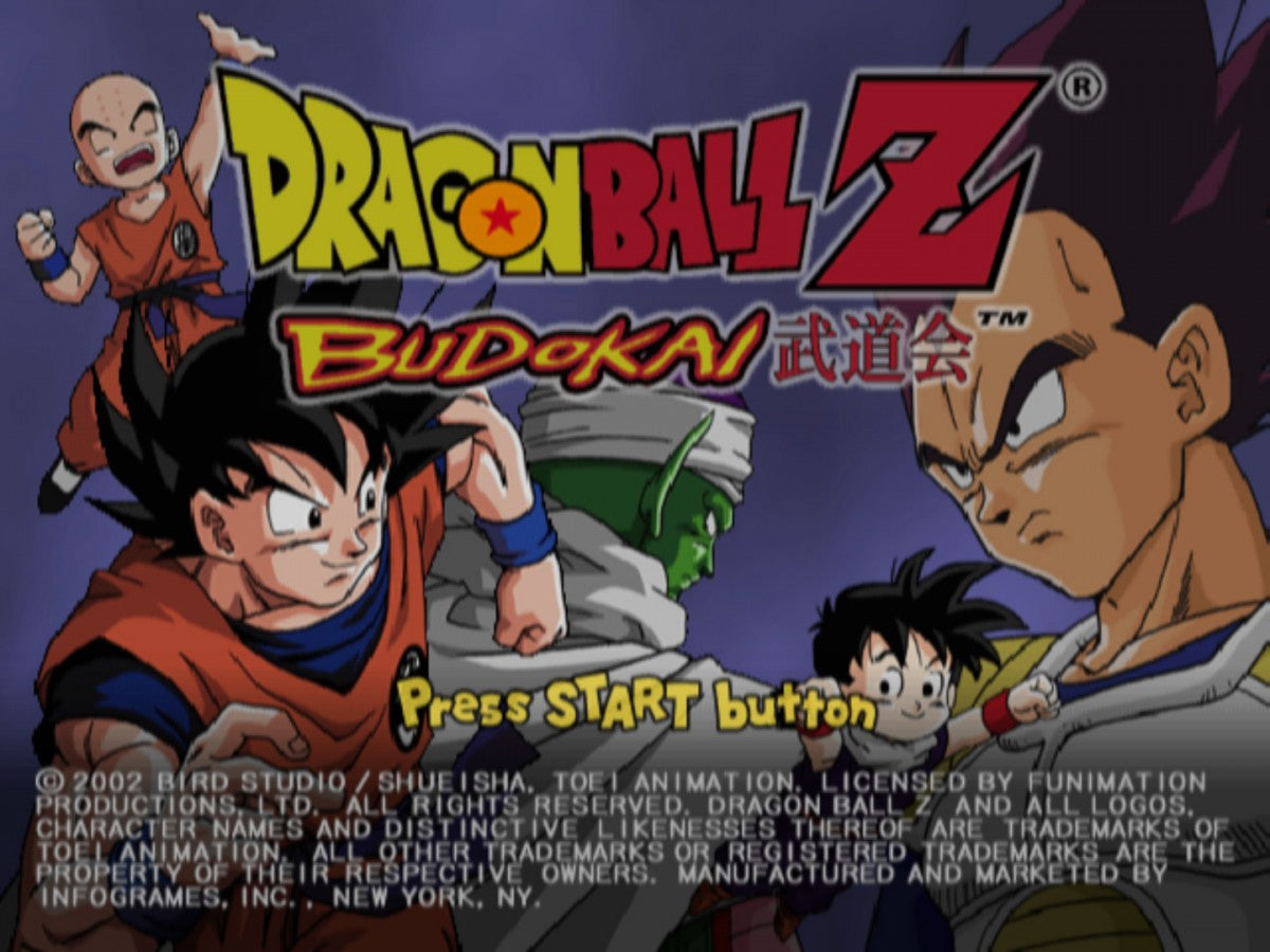 Dragon Ball Z Budokai PlayStation 2 PS2 video game, fighting action, anime-based combat, multiplayer battles, classic Dragon Ball Z title main menu title screen