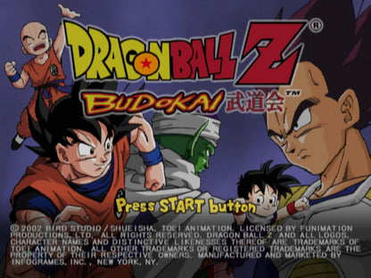 Dragon Ball Z Budokai PlayStation 2 PS2 video game, fighting action, anime-based combat, multiplayer battles, classic Dragon Ball Z title main menu title screen