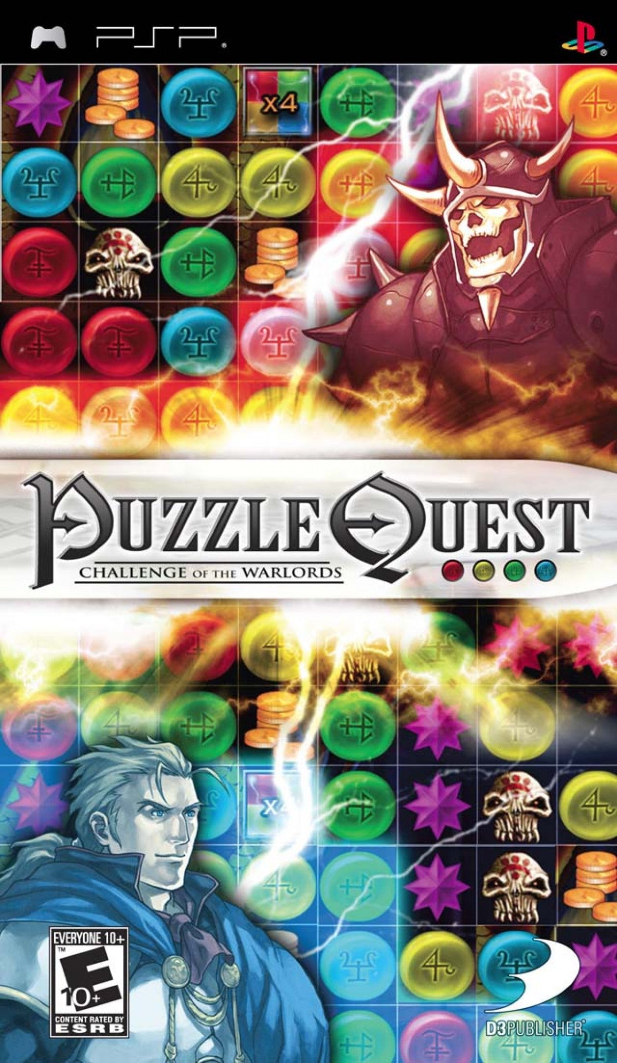 Puzzle Quest: Challenge of the Warlords cover art for PlayStation Portable (PSP) match-3 role-playing puzzle game