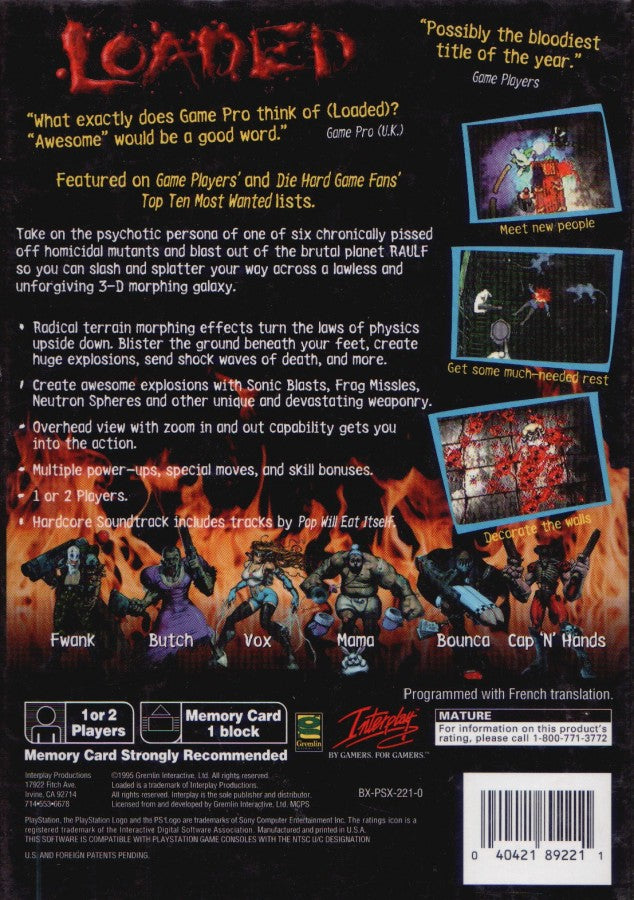 Loaded PS1 PlayStation 1 top down shooter action game dark humor arcade combat multiplayer retro video game back of case