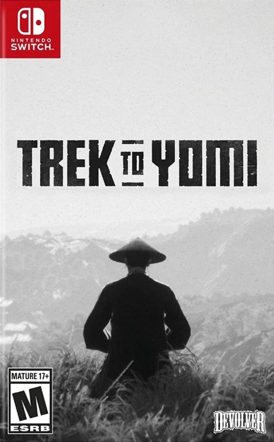 Trek to Yomi Nintendo Switch inspired design featuring cinematic samurai action adventure aesthetic black and white film inspired visuals side scrolling sword combat atmospheric storytelling feudal Japan setting emotional journey driven gameplay and stylized presentation front cover