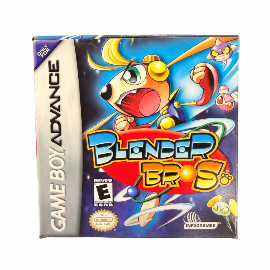 Blender Bros Game Boy Advance GBA video game featuring platforming action gameplay colorful levels enemy encounters puzzle solving power based attacks character adventure and classic handheld Nintendo action retro video game collection collectible gaming appeal cover art