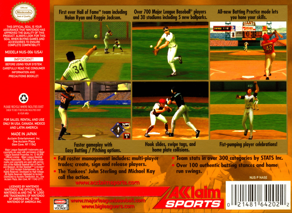 All-Star Baseball 2001 game back cover for Nintendo 64 video game. 