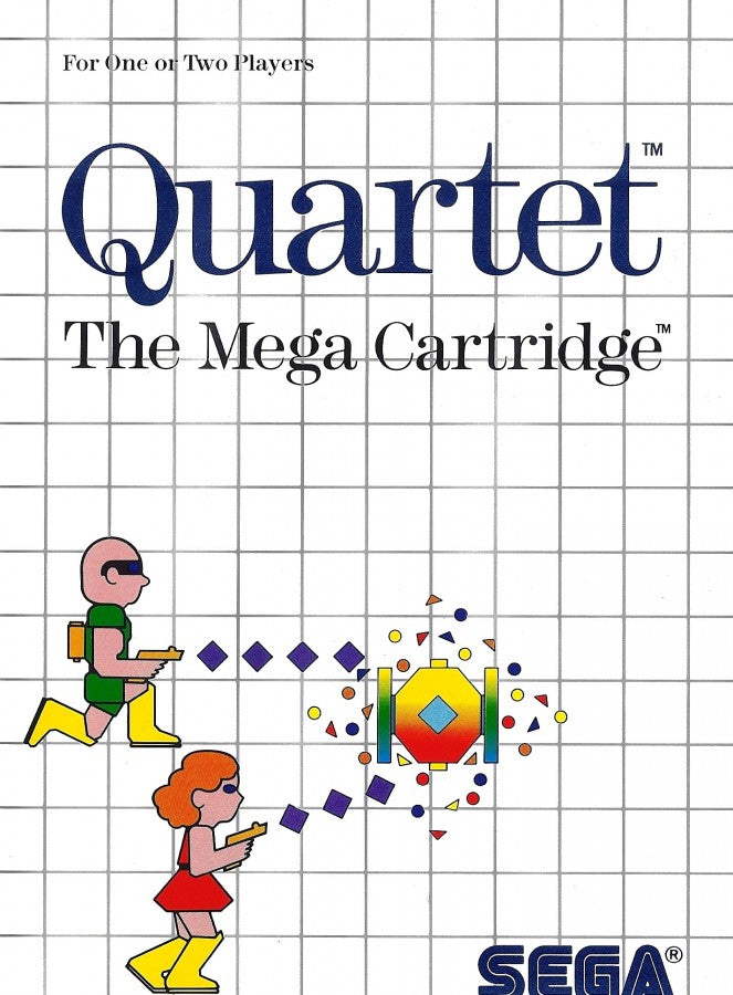 Quartet Sega Master System SMS for arcade action video game fans featuring side scrolling shooting gameplay cooperative multiplayer alien enemies futuristic environments power ups weapon upgrades challenging stages and fast paced classic Sega Master System action collectible retro gaming appeal front cover art