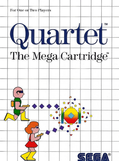 Quartet Sega Master System SMS for arcade action video game fans featuring side scrolling shooting gameplay cooperative multiplayer alien enemies futuristic environments power ups weapon upgrades challenging stages and fast paced classic Sega Master System action collectible retro gaming appeal front cover art