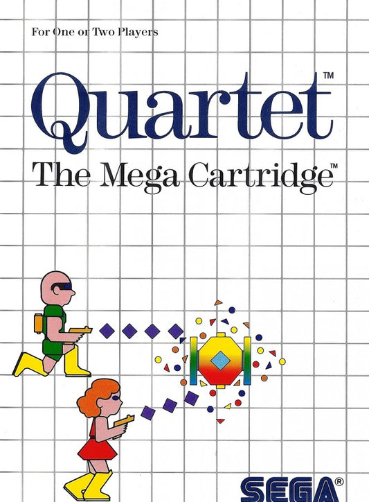 Quartet Sega Master System SMS for arcade action video game fans featuring side scrolling shooting gameplay cooperative multiplayer alien enemies futuristic environments power ups weapon upgrades challenging stages and fast paced classic Sega Master System action collectible retro gaming appeal front cover art