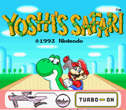 Yoshi's Safari Super Nintendo Entertainment System SNES video game featuring light gun shooting gameplay Yoshi riding adventure Bowser enemies Super Mario characters colorful levels action packed stages and classic 16 bit Nintendo gameplay retro video game collection collectible gaming appeal gameplay