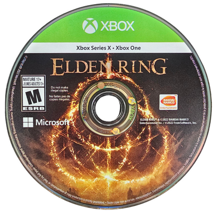 Elden Ring Xbox Series X XSX video game featuring open world action role playing gameplay challenging Soulslike combat fantasy adventure the Lands Between exploration Tarnished character customization powerful boss battles magic spells weapon upgrades legendary weapons dungeon crawling quests mysterious lore and epic enemy encounters classic Xbox Series X gaming retro video game collection collectible gaming appeal game disc