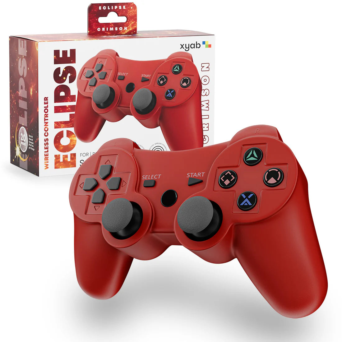 XYAB brand 1-to-1 third-party wireless controller for PlayStation 3 in red featuring analog sticks, action buttons, shoulder buttons, and ergonomic design