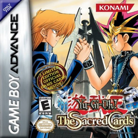 Yu-Gi-Oh! Sacred Cards Game Boy Advance GBA video game, trading card strategy, turn-based dueling, handheld console title cover art