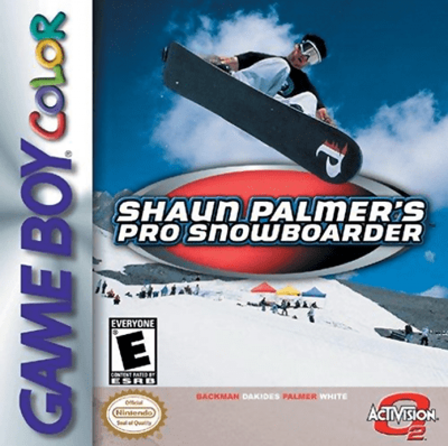 Shaun Palmer's Pro Snowboarder Game Boy Color GBC cover art for retro video game enthusiasts featuring extreme sports gameplay fast paced snowboarding action downhill racing challenges trick based mechanics winter mountain environments portable handheld gaming excitement and collectible gaming appeal