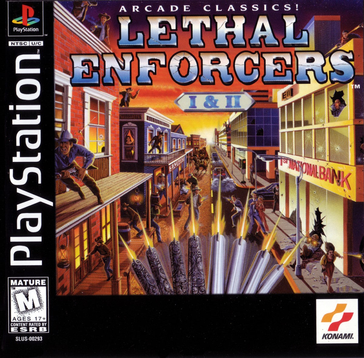 Lethal Enforcers 1 and 2 PlayStation 1 PS1 light gun shooter arcade style Konami game retro video game disc collection police action shooting game for PS1 console front cover