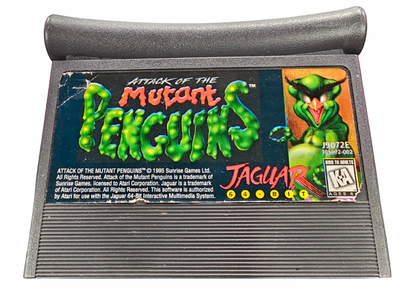 Attack of the Mutant Penguins Atari Jaguar JAG for action strategy video game fans featuring mutant penguin enemies colorful environments strategic defense gameplay fast paced combat enemy waves challenging stages unique characters and classic Atari Jaguar gameplay collectible retro gaming appeal detail angle